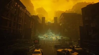 Official CONTROL Resonant developer-diary art of a golden-lit warped Manhattan street