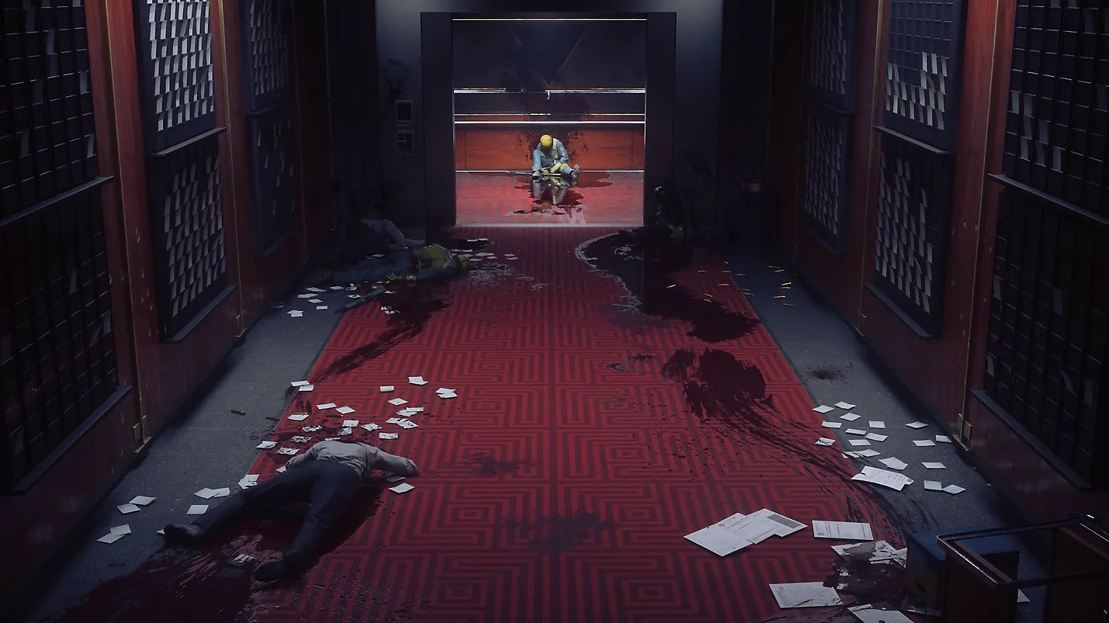 Official CONTROL Resonant screenshot of a long red-carpeted corridor lined with archive shelves