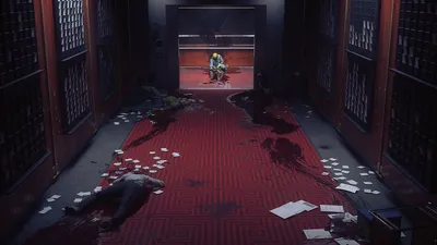 Official CONTROL Resonant screenshot of a long red-carpeted corridor lined with archive shelves