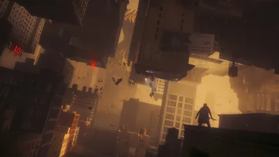 Official CONTROL Resonant screenshot of a warped Manhattan skyline with inverted buildings