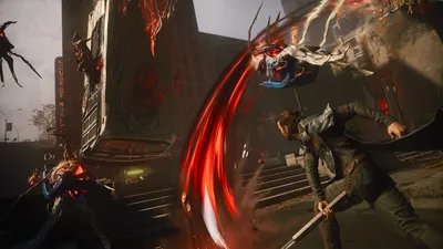 Official CONTROL Resonant screenshot of Dylan swinging a red energy blade at an enemy