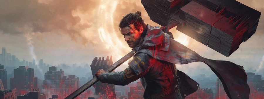 Official CONTROL Resonant key art of Dylan Faden wielding the shapeshifting hammer