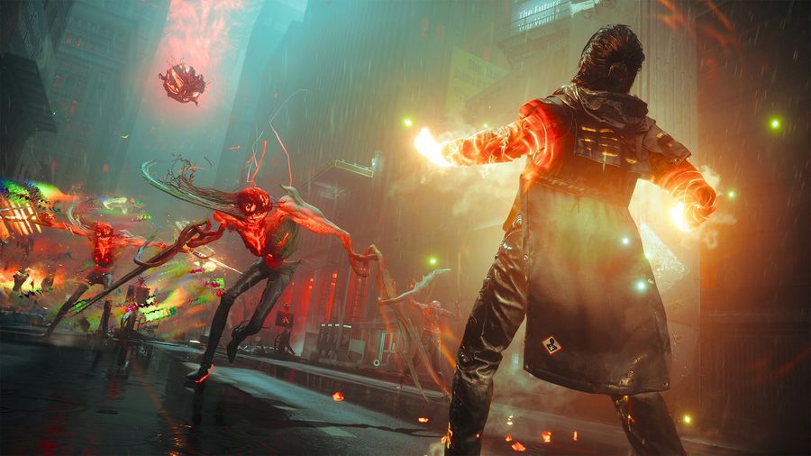 Official CONTROL Resonant screenshot of Dylan charging paranatural energy at red Hiss enemies